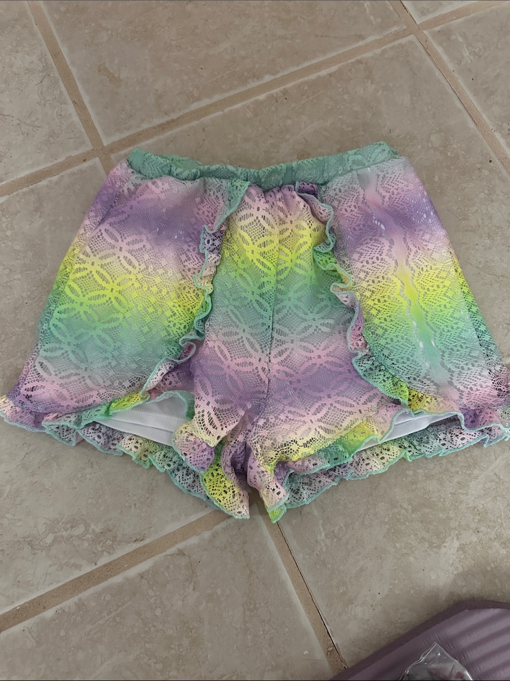 Lace Overlay Ruffle Trim Shorts in Pastel Rainbow